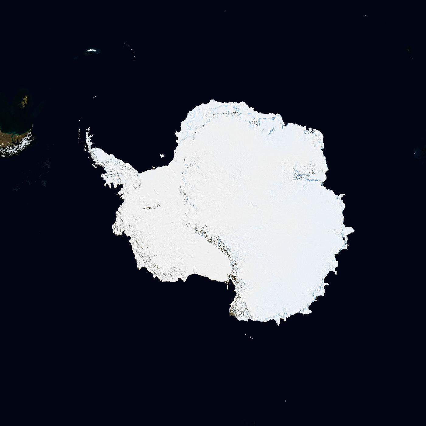 Antártida vista desde el espacio, centrada en el Polo Sur.